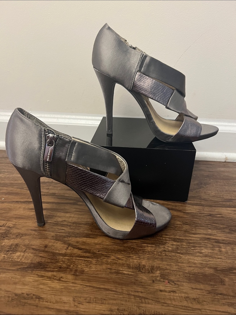 MICHAEL Michael Kors Pewter and Metallic Taupe Crisscross High Heel Sandals - Picture 4 of 8